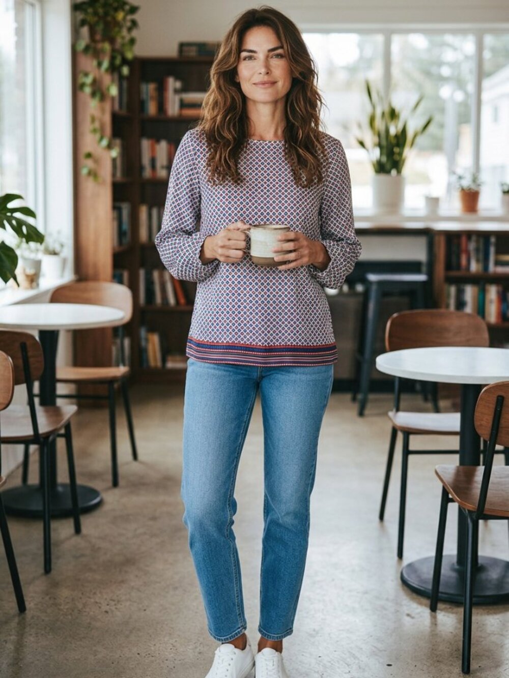 Merona Blue, White & Red Geometric Long-Sleeve Blouse with Striped Hem